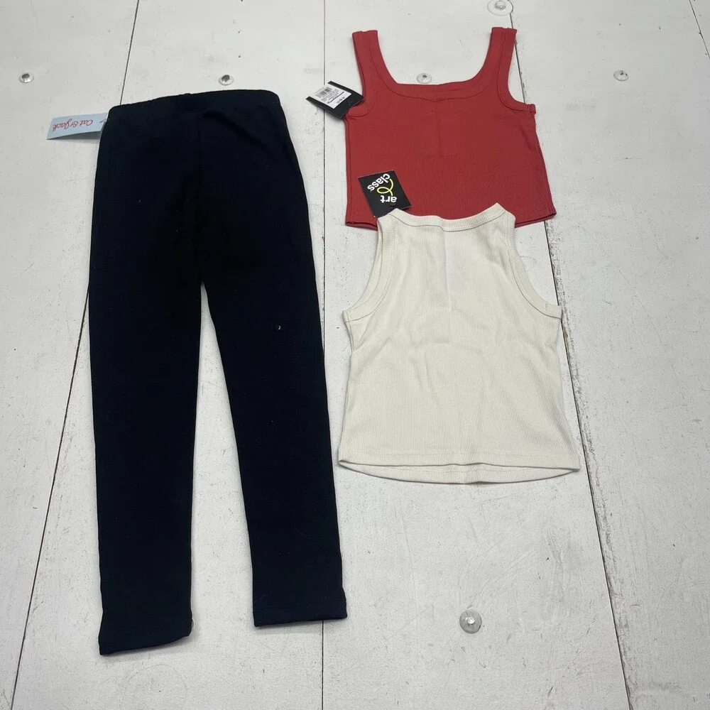 Cat & Jack Art Class Outfit Set Girls Small 6-7 Red Cream Tanks Black Leggings